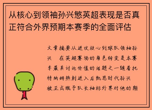从核心到领袖孙兴慜英超表现是否真正符合外界预期本赛季的全面评估